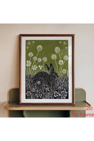 Generic Brand 1pc Hare Rabbit Linocut Olive Green Meadow Canvas Wall Art Prin...