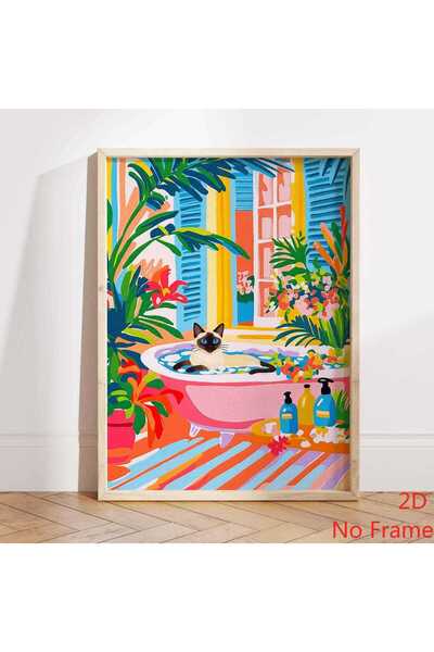 Generic Brand 1pc Siamese Cat Bathtub Colorful Tropical Canvas Wall Art Print...