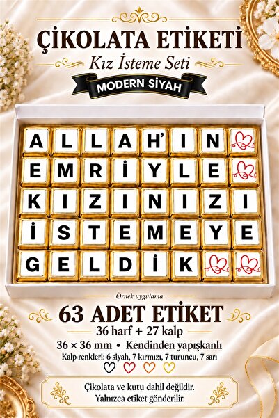 Kız İsteme Çikolata Etiketi 63 Adet 36x36 mm Kendinden Yapışkanlı Harf ve Kalp Seti