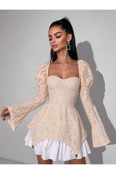 Estilo Fashion فستان نسائي قصير من قماش الدانتيل ذو مظهر إسباني مع تنورة مكشكشة على الطراز الإسباني