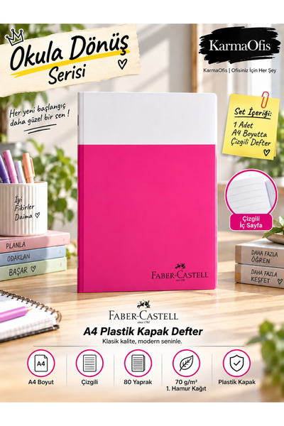 Faber Castell Faber-Castell A4 Çizgili Defter 80 Yaprak 70 gr Plastik Kapak – Fuşya Renk Seçenekli