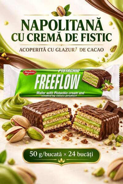 MEGAMİX FREEFLOW – Βάφλα με κρέμα φυστικιού και γλάσο κακάο, 50 γρ. × 24 τεμάχια
