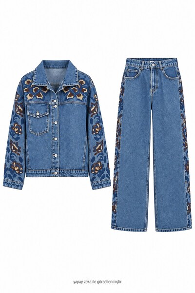 elif teke Kanaviçe İşlemeli Denim Takım Mavi