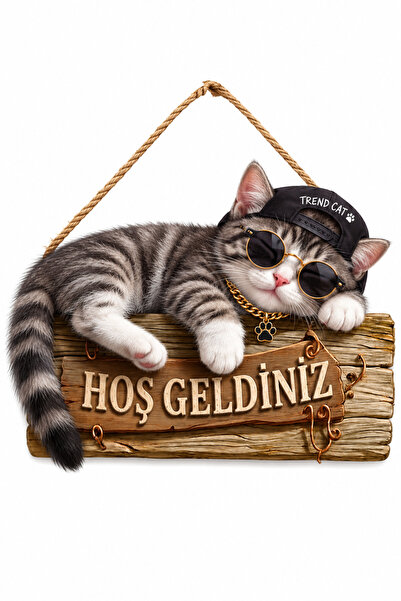 Kral Gibi Takılan Hoş Geldiniz Yazılı Kedi Ahşap MDF Kapı Süsü | Mizahi Hediyelik | Komik Duvar Süsü