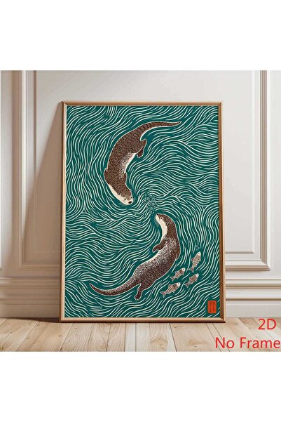 Generic Brand 1pc Otter Japanese Woodblock Style Teal Canvas Wall Art Print, ...