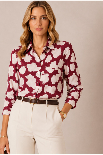 SheLoria Women's Burgundy Viscose Patterned Long Sleeve Buttoned Colored Shirt