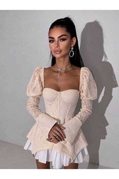 Estilo Fashion Kadın Dantel Kumaş Korse Görünümlü İspanyol Kol Fırfırlı Etekl...