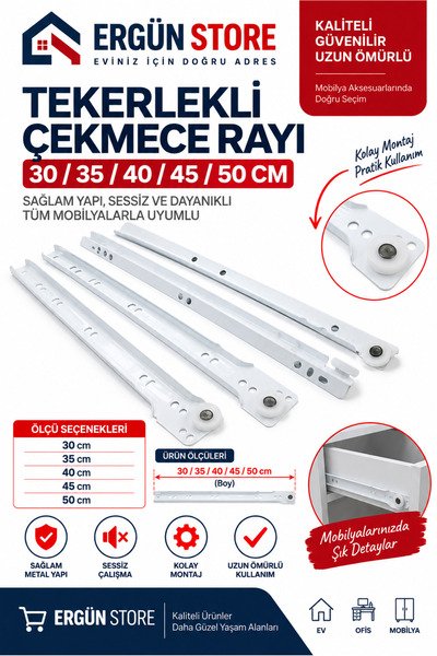Ergün Store Klasik Kızaklı Dolap Çekmece Rayı Beyaz 30-35-40-45-50 Cm Vida Da...