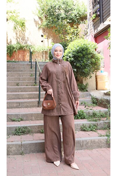 NİSUM MODA Floral Embroidered Zippered Tencel Set