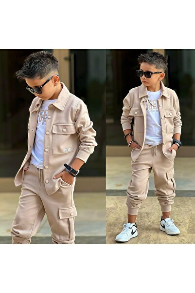 CALİSA Boy's 3-Piece Pique Set Jacket T-Shirt Cargo Pants Stylish Sports Comb...