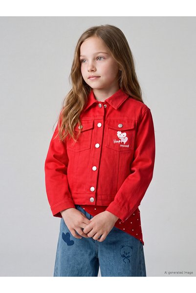 LC Waikiki Nevavm Lcw Kids Red Gabardine Printed Standard & Regular Girls' Jacket with a Difference