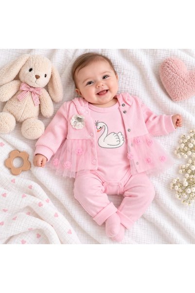 BEBELON Swan Printed Tutu Cardigan 3 Piece Baby Set
