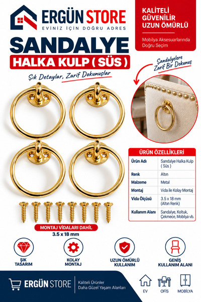 Ergün Store Sandalye Süs Halka Lüks Modern Altın Kulp , Süs İçindir 4 Adet - ...