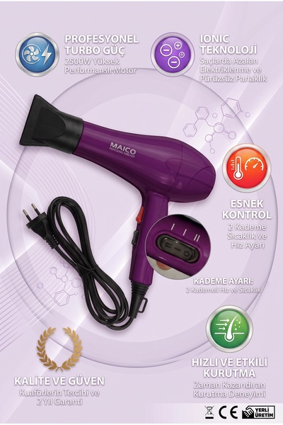 Maico Fön Makinesi 2500W Profesyonel Saç Kurutma Makinesi Ionic İyonlu Turbo ...