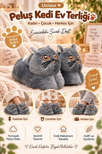 SOLERO Unisex Peluş Kedi Ev Terliği Kadın, Erkek ve Çocuk Kışlık Sıcak Yumuşa...