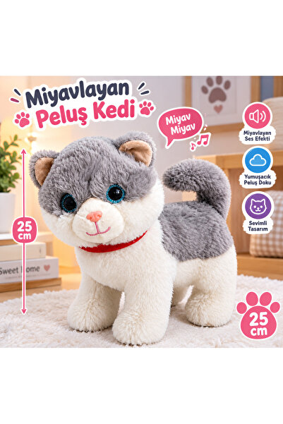 Seher Miyavlayan Peluş Kedi 25 cm Gerçekçi Miyav Sesi Yumuşak Sevimli Oyuncak