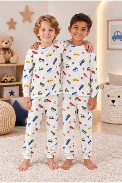 Novella18 Boy's Mini Car Patterned 100% Cotton Interlock Fabric Ribbed Long Sleeve Pajama Set