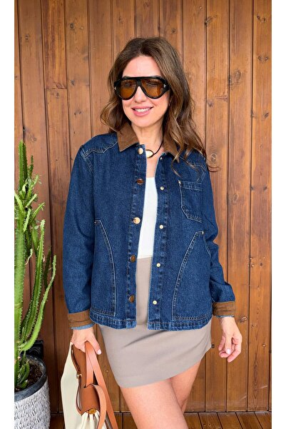 Aurélie Kadife Yaka Garnili Kadın kot - denim ceket