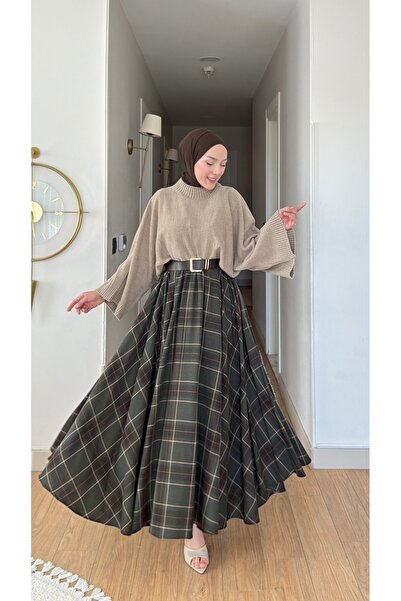 NİLNUR MODA Yeni Sezon Kadın Triko Bluz Ekose Desenli Kloş Etek Takım Kombin