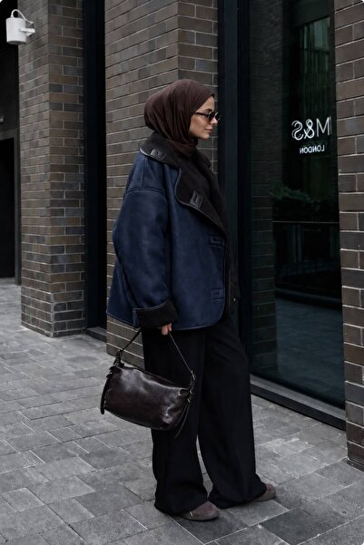 mega lucky Premium Navy Blue Denim Black Textured Suede Oversize Zr Model Coat Jacket with Plush Inside