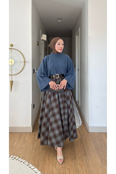 NİLNUR MODA Yeni Sezon Kadın Triko Bluz Ekose Desenli Kloş Etek Takım Kombin