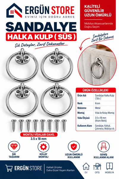 Ergün Store Chair Ornament Ring Luxury Modern Chrome Handle, for Ornament 4 Pieces - Gold Screw Included