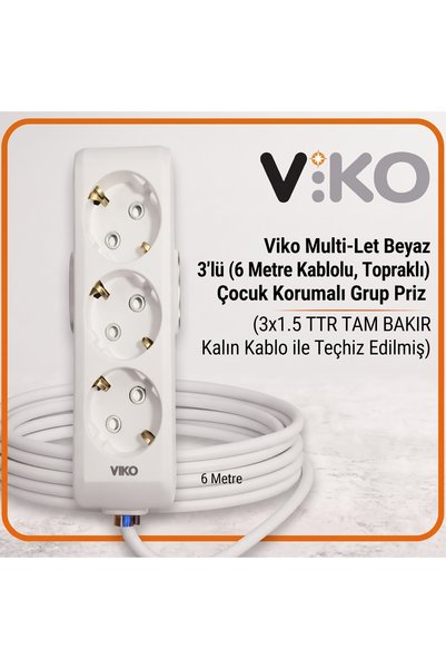 VİKO Multi-Let 3'lü Topraklı Priz 6 Metre 3x1.5 TTR Gerçek Bakır Kablolu Beya...