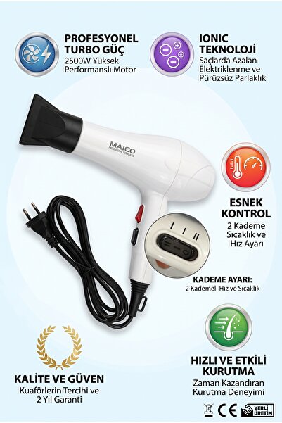 Maico Fön Makinesi 2500W Profesyonel Saç Kurutma Makinesi Ionic İyonlu Turbo ...