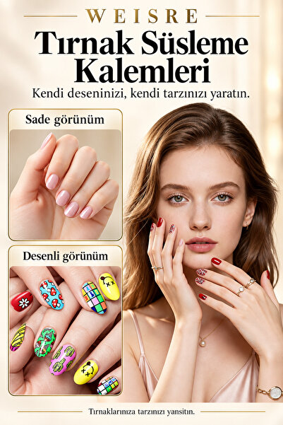Weisre 12 Renk Su Bazlı Nail Art Tırnak Süsleme Kalemi Seti 0,5 mm İnce Uçlu Manikür Desen ve Noktalama