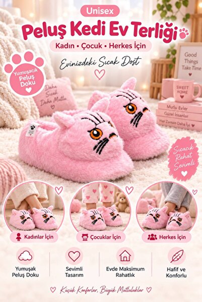 SOLERO Unisex Peluş Kedi Ev Terliği Kadın, Erkek ve Çocuk Kışlık Sıcak Yumuşa...
