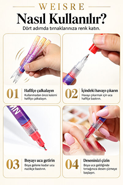 Weisre 12 Renk Su Bazlı Nail Art Tırnak Süsleme Kalemi Seti 0,5 mm İnce Uçlu Manikür Desen ve Noktalama