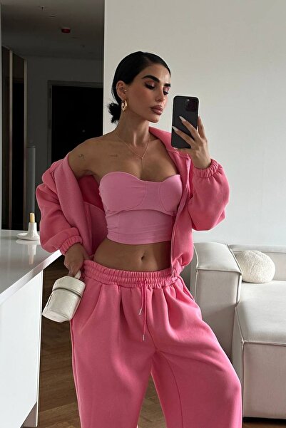 AVEN WOMAN Kapşonlu Straplez Croplu Oversize 3 Lü Şardonlu Eşofman Takımı