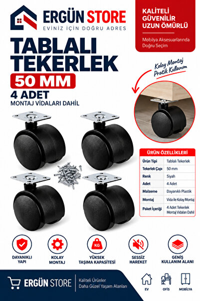 Ergün Store Oynak Tablalı Dolap Sehpa Masa Ayağı Mobilya Tekerleği 50 Mm 4 Ad...