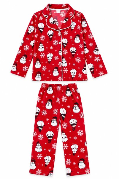 ALİŞ KİDS Red Suede Fabric Snowman Snowflake Patterned Shirt Collar Pajama Set Suitable for Girl and Mother