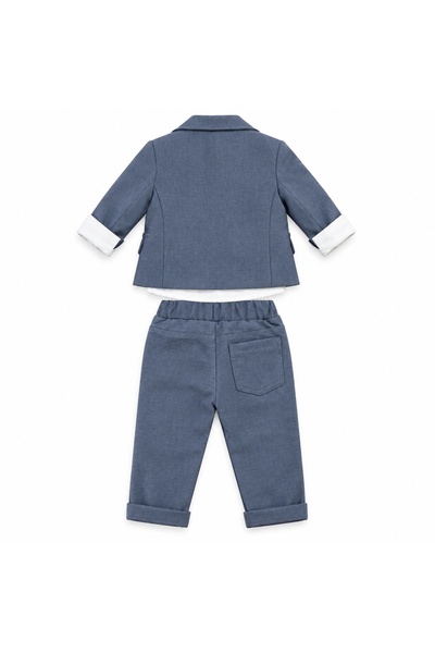 Pure Boutique Costum bebe baiat albastru denim 3 piese cu sacou camasa si pantaloni elegant