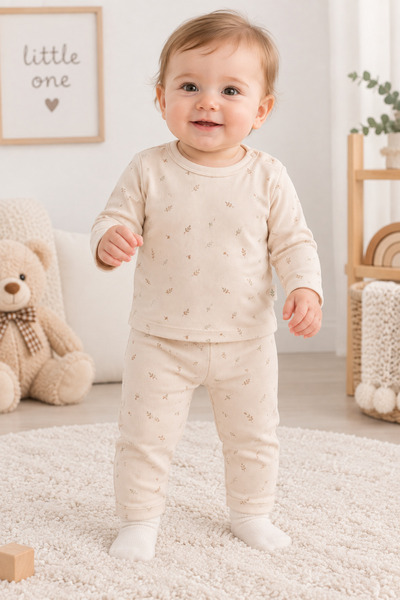 altıntop bebe Bebek %100 Pamuk 2'li Takım Ekru Desenli Uzun Kollu Üst ve Pant...