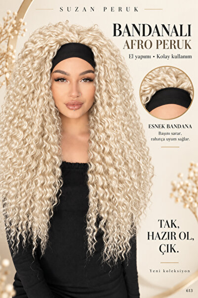 Suzan Peruk Bandanalı Afro Kıvırcık Peruk- Kabarık afro El yapımı Fiber Kanek...