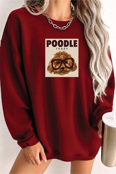 COZALAG Kadın Poodle Tedy Baskılı Özel tasarım Rahat Kalıp Bisiklet Yaka Bord...