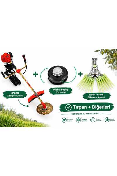 52 cc Benzinli Tırpan Seti- Ot Biçme + Misina Başlığı + Çift Sıralı Taraklı Hasat Başlığı