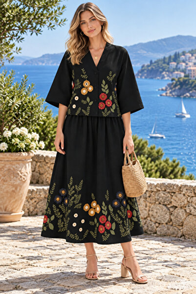 Raben Women's Linen Floral Embroidered Blouse and Long Skirt Set