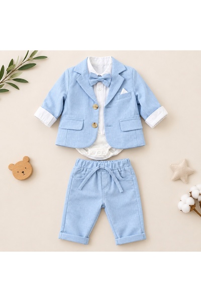 Pure Boutique Costum elegant bebe baieti 3 piese bleu cu sacou, pantaloni si body cu papion