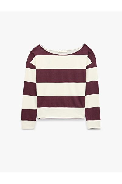 Koton Ruffled Comfortable Fit Boat Neck Off-The-Shoulder Striped Sweatshirt