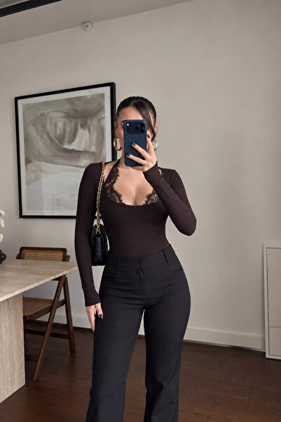 mielva Kadın Kahverengi Uzun Kollu Dantel Detaylı Bodysuit