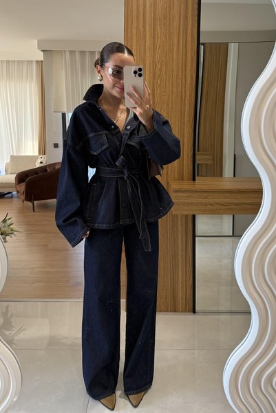 mega lucky Premium Dark Navy Blue Tie-Dye Denim Suit Oversized Jacket and High-Waisted Trousers