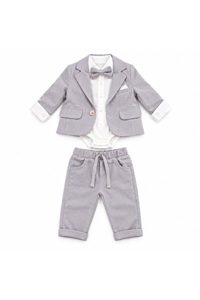 Pure Boutique Costum bebe baiat gri perlat 3 piese cu sacou body camasa si pantaloni elegant