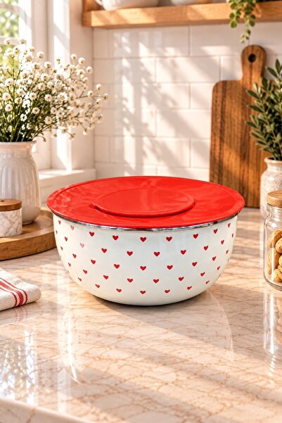 LeylArt Red Heart Patterned Enamel Mixing Bowl with Lid - Storage and Present...