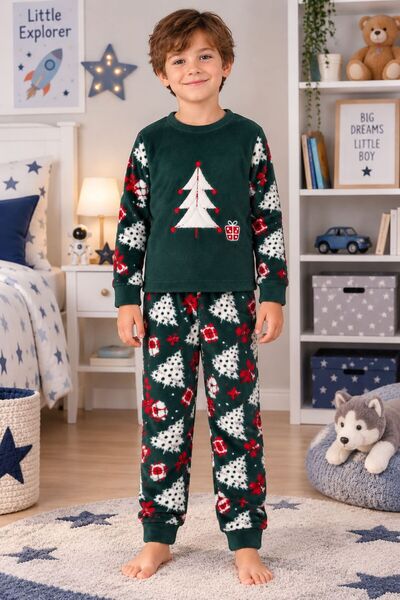 ALİŞ KİDS Boy's Green Pine Patterned Christmas Themed Fleece Long Sleeve Wint...