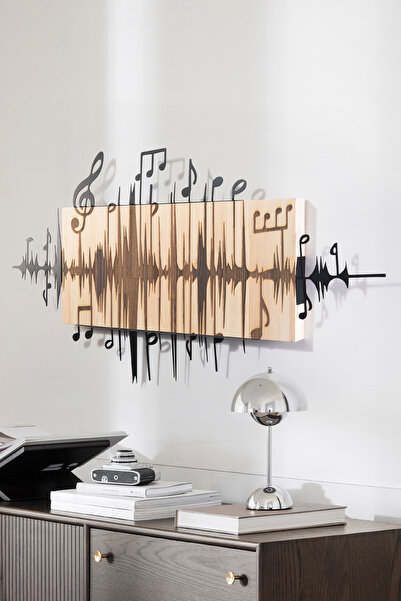 DEKORENZO Metal Duvar Süsü Müzik Notalı Ses Dalgası Ahşap 90x47 cm