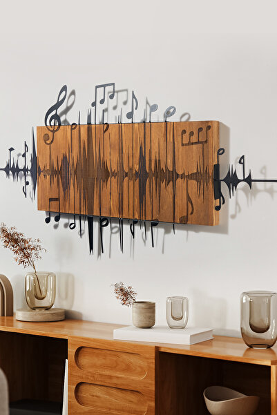 DEKORENZO Metal Duvar Tablosu Müzik Notalı Masif Ahşap 90x47 cm Ceviz