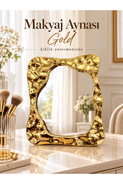 Genel Markalar Dekoratif Dalgalı Çerçeveli Masaüstü Makyaj Aynası – Gold, Sil...